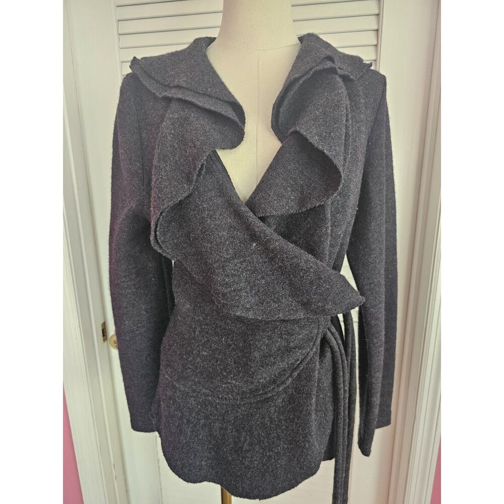 Katherine Barclay Grey 100% Wool Ruffled Collar Wrap Around Cardigan‎ Medium M